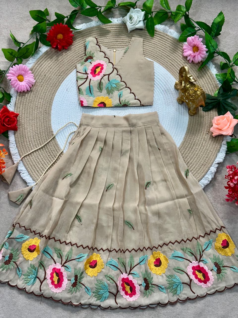 Beige Pure Premium Crunchy Silk Work Floral Embroidery Kid&