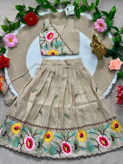 Beige Pure Premium Crunchy Silk Work Floral Embroidery Kid&