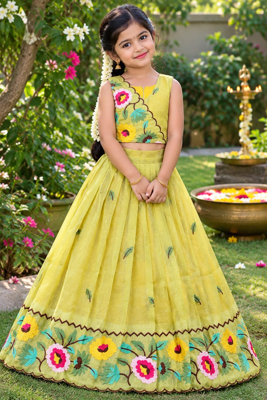 Mustard Pure Premium Crunchy Silk Work Floral Embroidery Kid&
