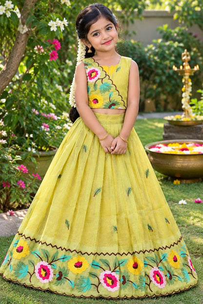 Mustard Pure Premium Crunchy Silk Work Floral Embroidery Kid&