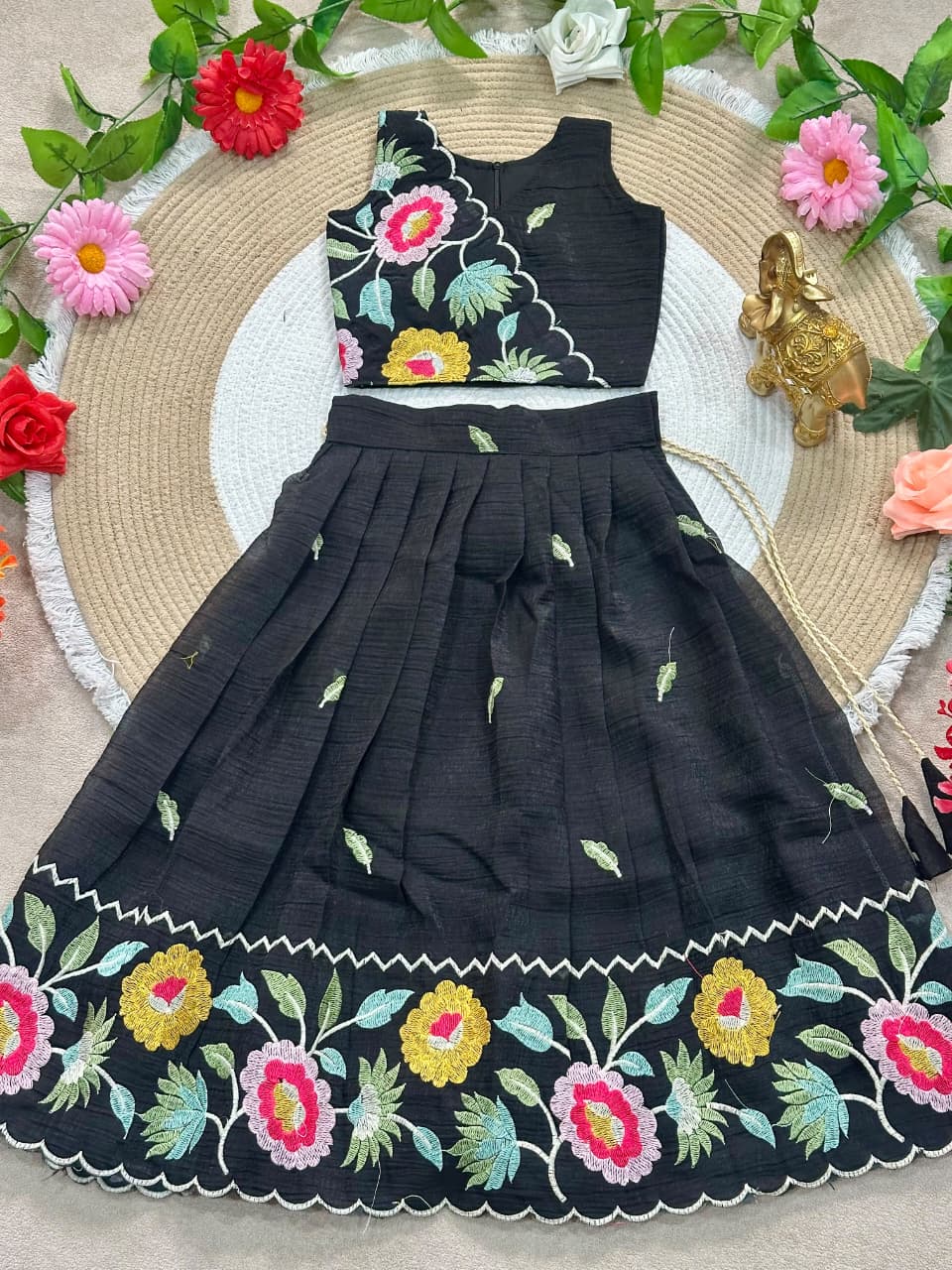 Black Pure Premium Crunchy Silk Work Floral Embroidery Kid&