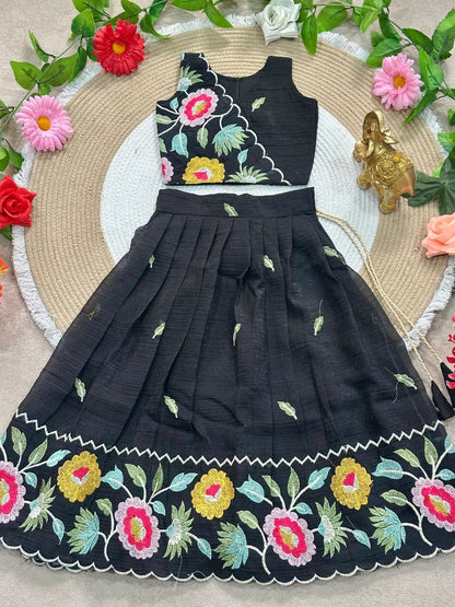 Black Pure Premium Crunchy Silk Work Floral Embroidery Kid&