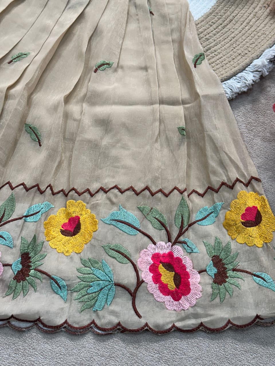 Beige Pure Premium Crunchy Silk Work Floral Embroidery Kid&