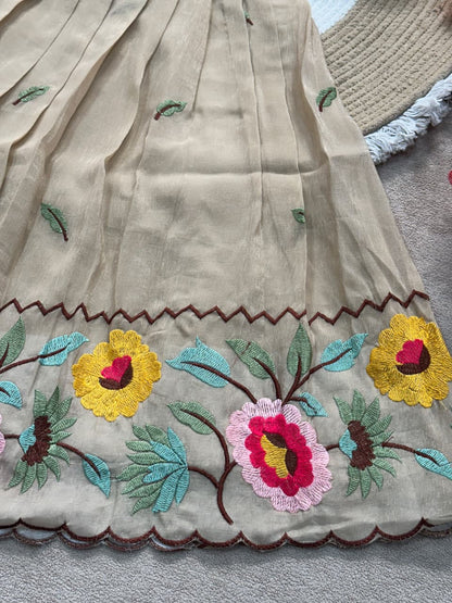Beige Pure Premium Crunchy Silk Work Floral Embroidery Kid&