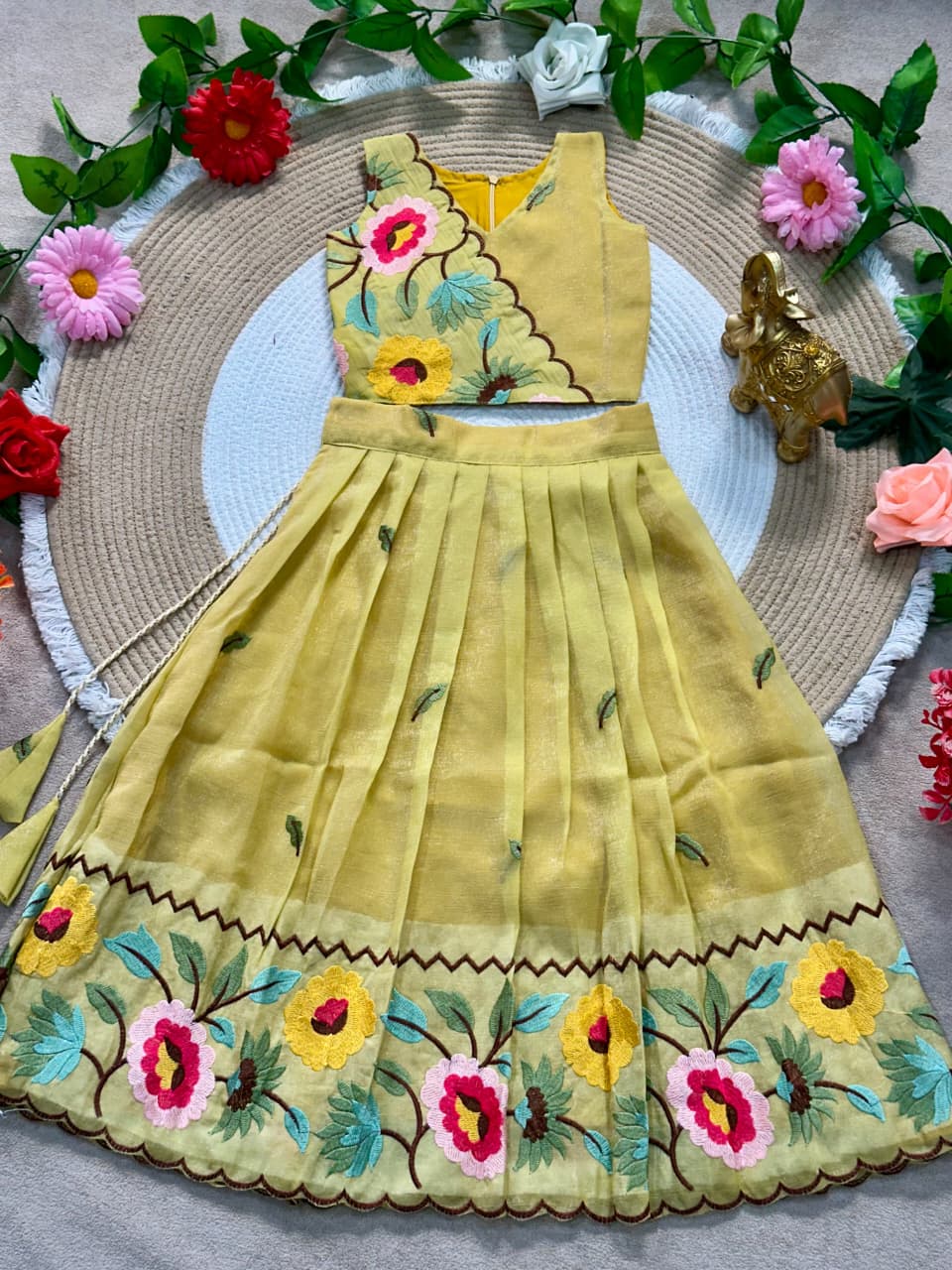 Mustard Pure Premium Crunchy Silk Work Floral Embroidery Kid&