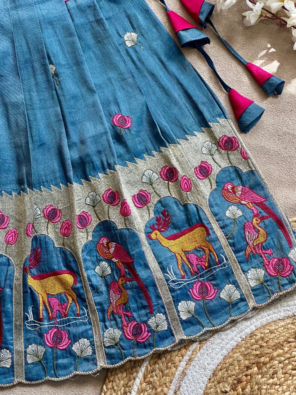 Blue Pure Vichitra Silk with Hand Embroidery &amp; Kat-Dana Work Kid&