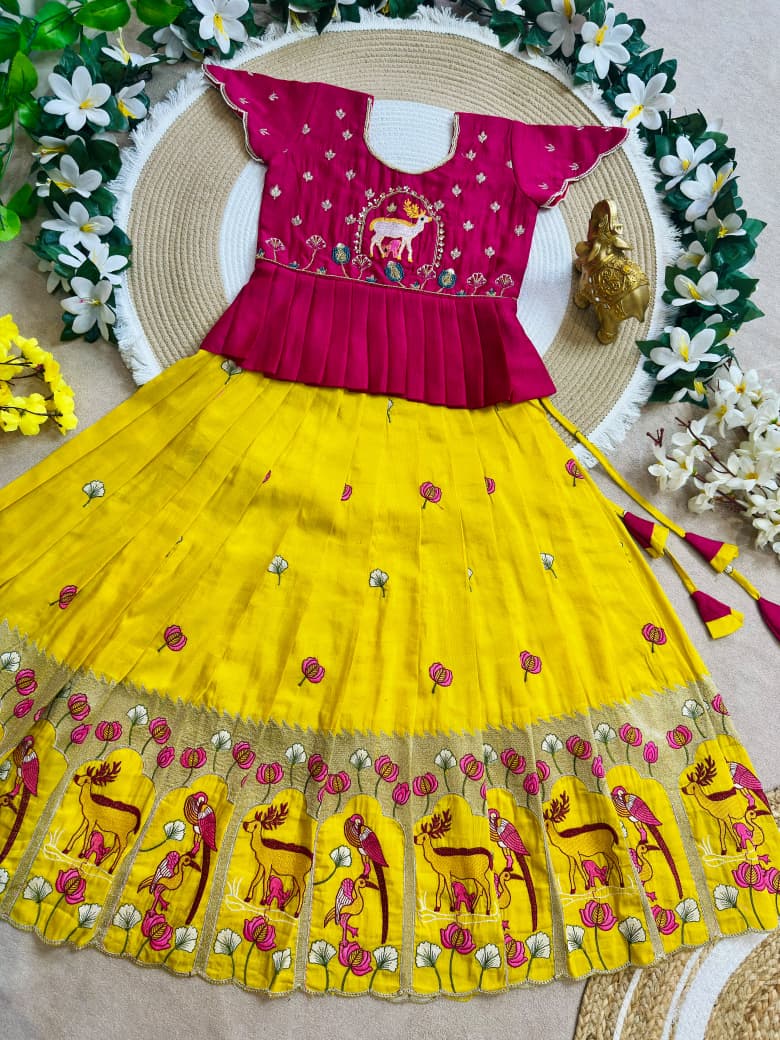 Yellow Pure Vichitra Silk with Hand Embroidery &amp; Kat-Dana Work Kid&