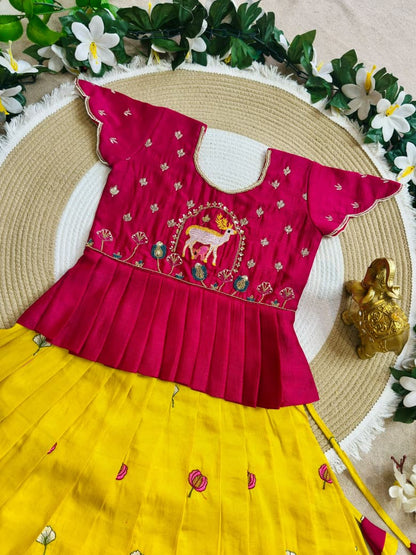 Yellow Pure Vichitra Silk with Hand Embroidery &amp; Kat-Dana Work Kid&