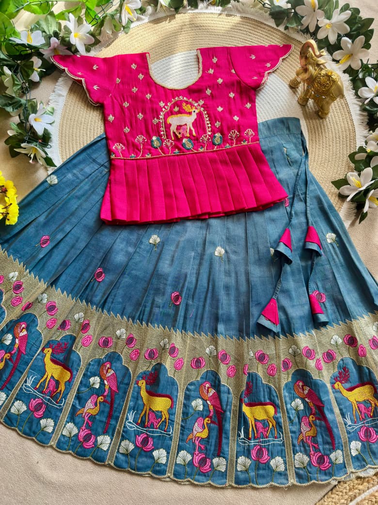 Blue Pure Vichitra Silk with Hand Embroidery &amp; Kat-Dana Work Kid&