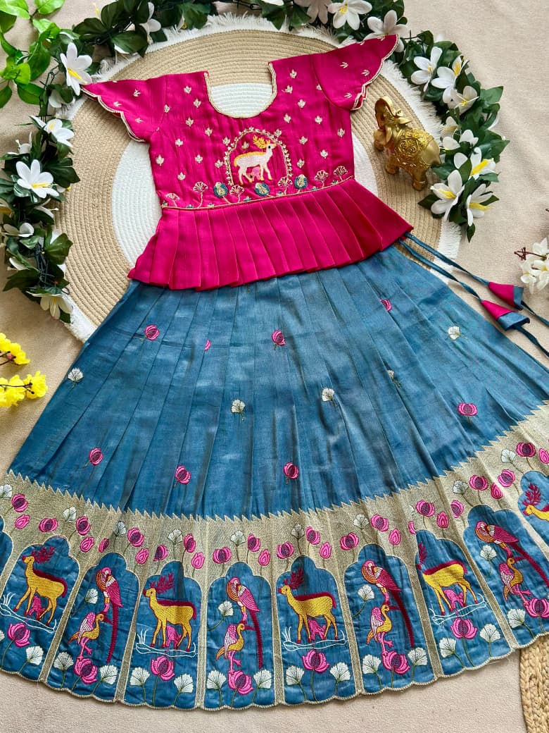 Blue Pure Vichitra Silk with Hand Embroidery &amp; Kat-Dana Work Kid&