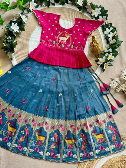 Blue Pure Vichitra Silk with Hand Embroidery &amp; Kat-Dana Work Kid&