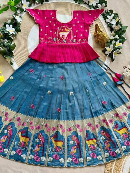Blue Pure Vichitra Silk with Hand Embroidery &amp; Kat-Dana Work Kid&
