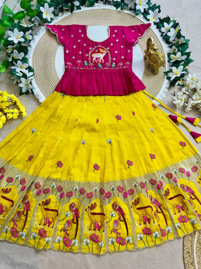 Yellow Pure Vichitra Silk with Hand Embroidery &amp; Kat-Dana Work Kid&