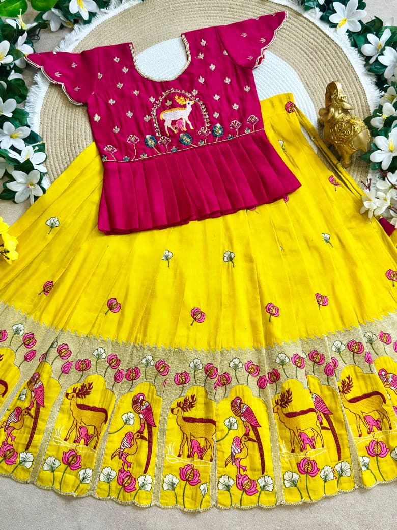 Yellow Pure Vichitra Silk with Hand Embroidery &amp; Kat-Dana Work Kid&