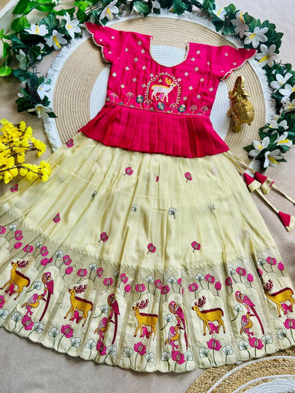 White Pure Vichitra Silk with Hand Embroidery &amp; Kat-Dana Work Kid&