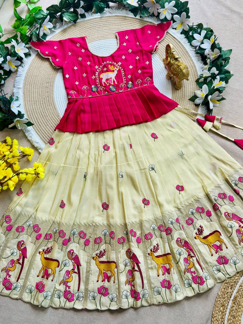 White Pure Vichitra Silk with Hand Embroidery &amp; Kat-Dana Work Kid&