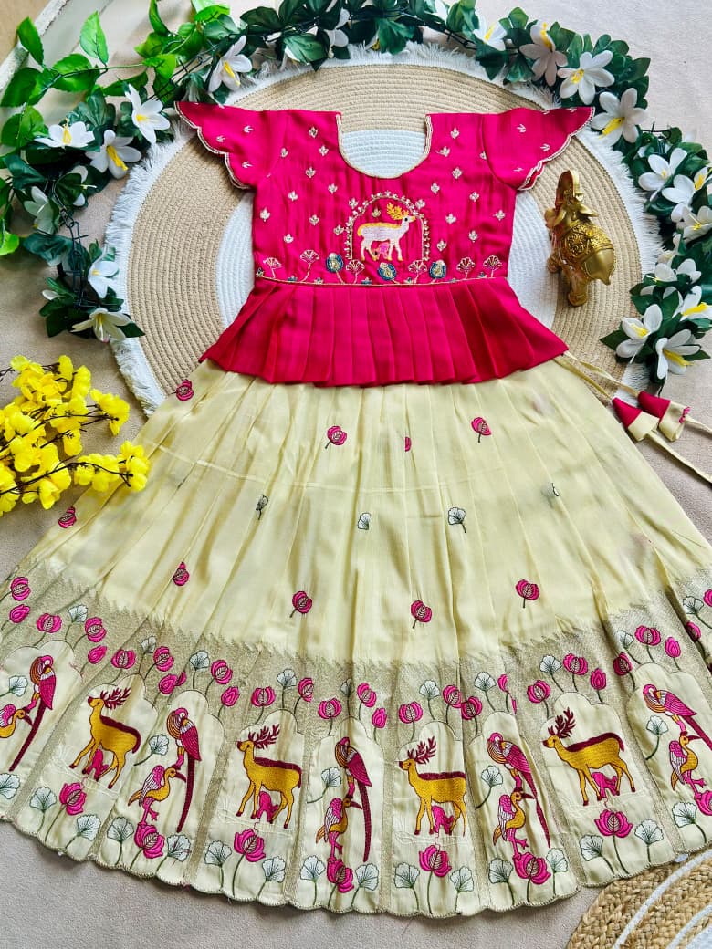 White Pure Vichitra Silk with Hand Embroidery &amp; Kat-Dana Work Kid&