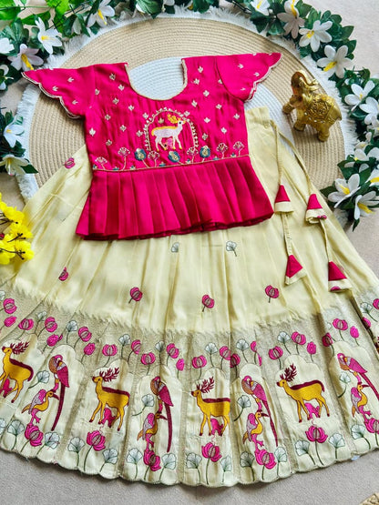 White Pure Vichitra Silk with Hand Embroidery &amp; Kat-Dana Work Kid&