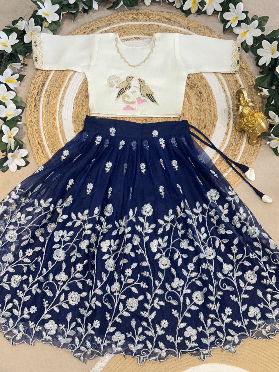 Navy Blue Pure Elegant Floral &amp; Silky Thread Embroidery Work Kid&