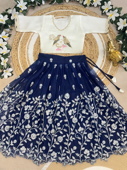 Navy Blue Pure Elegant Floral &amp; Silky Thread Embroidery Work Kid&