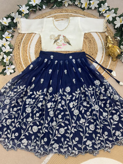Navy Blue Pure Elegant Floral &amp; Silky Thread Embroidery Work Kid&