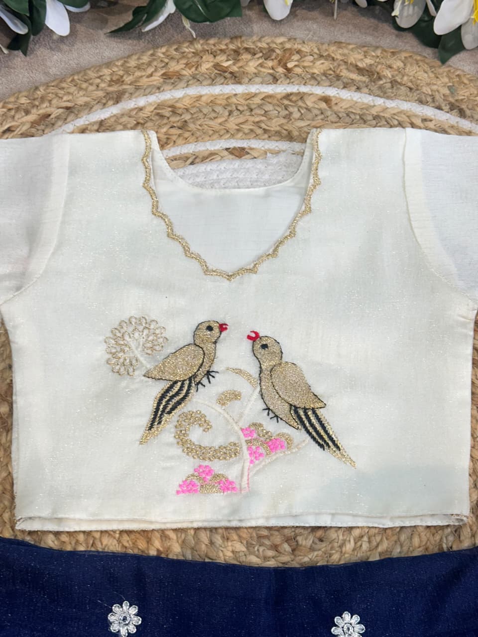 Navy Blue Pure Elegant Floral &amp; Silky Thread Embroidery Work Kid&