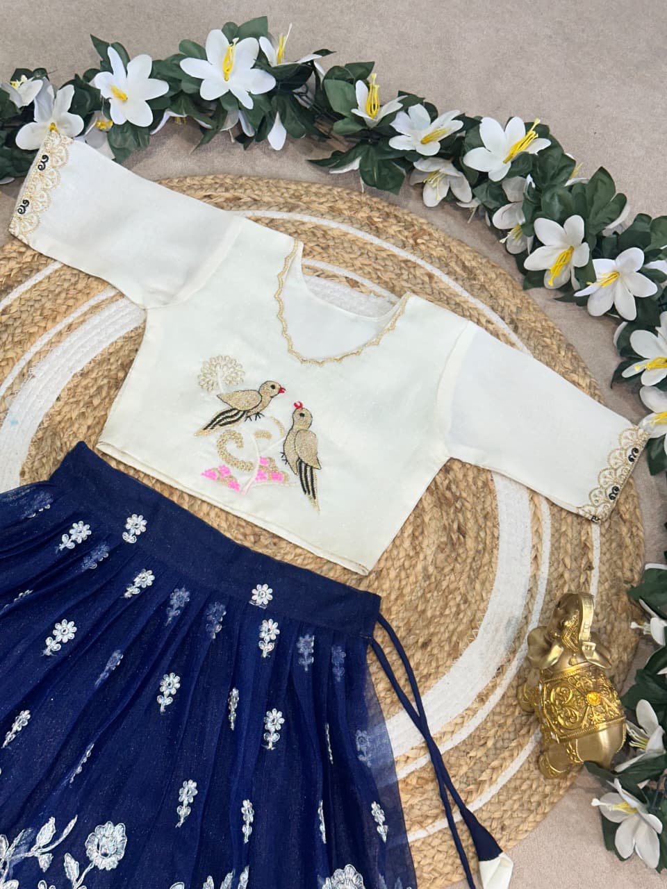 Navy Blue Pure Elegant Floral &amp; Silky Thread Embroidery Work Kid&