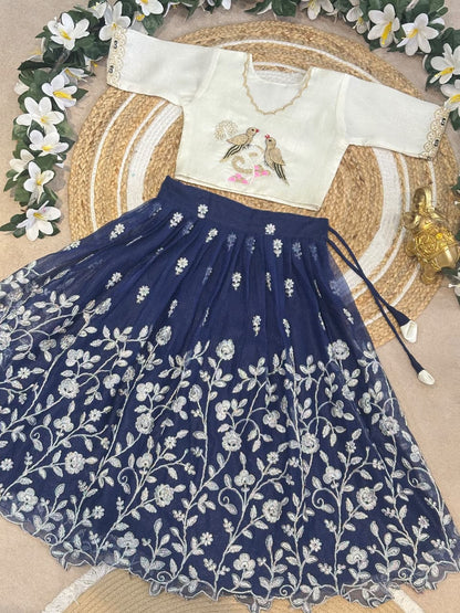 Navy Blue Pure Elegant Floral &amp; Silky Thread Embroidery Work Kid&
