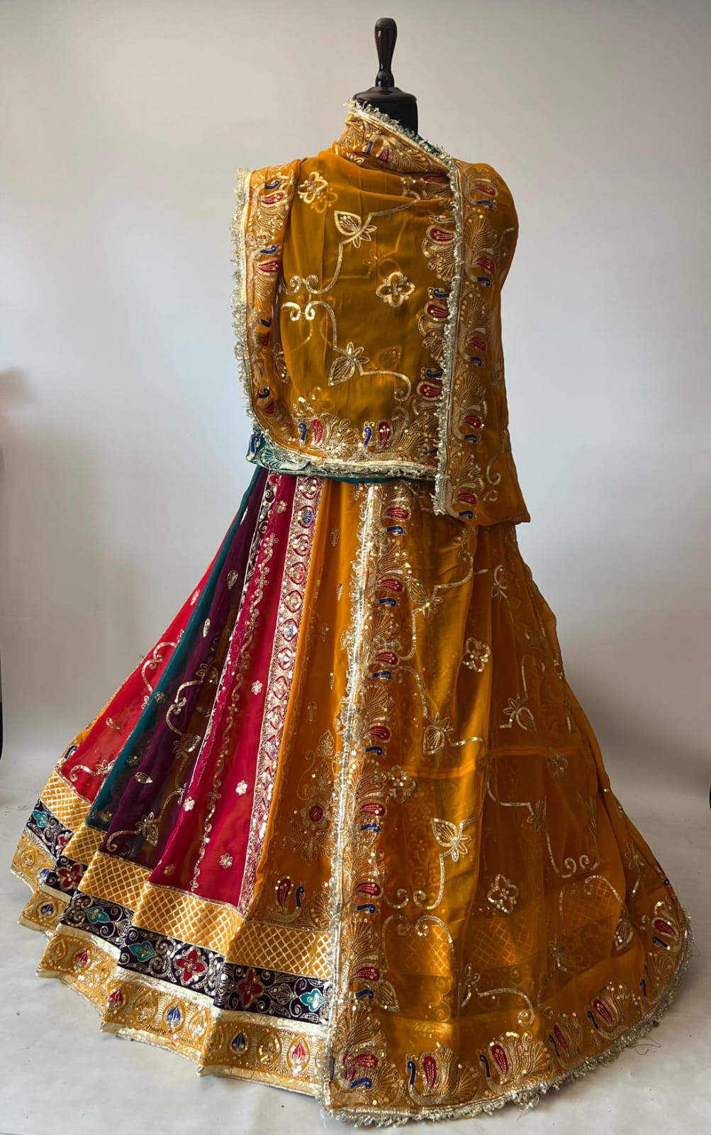 Mustard Pure Georgette 08 Mtr Flair Jaru Multi Work Rajasthani Rajwadi Rajputi Lehenga Choli