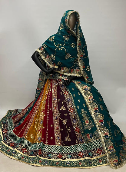 Green Pure Georgette 08 Mtr Flair Jaru Multi Work Rajasthani Rajwadi Rajputi Lehenga Choli
