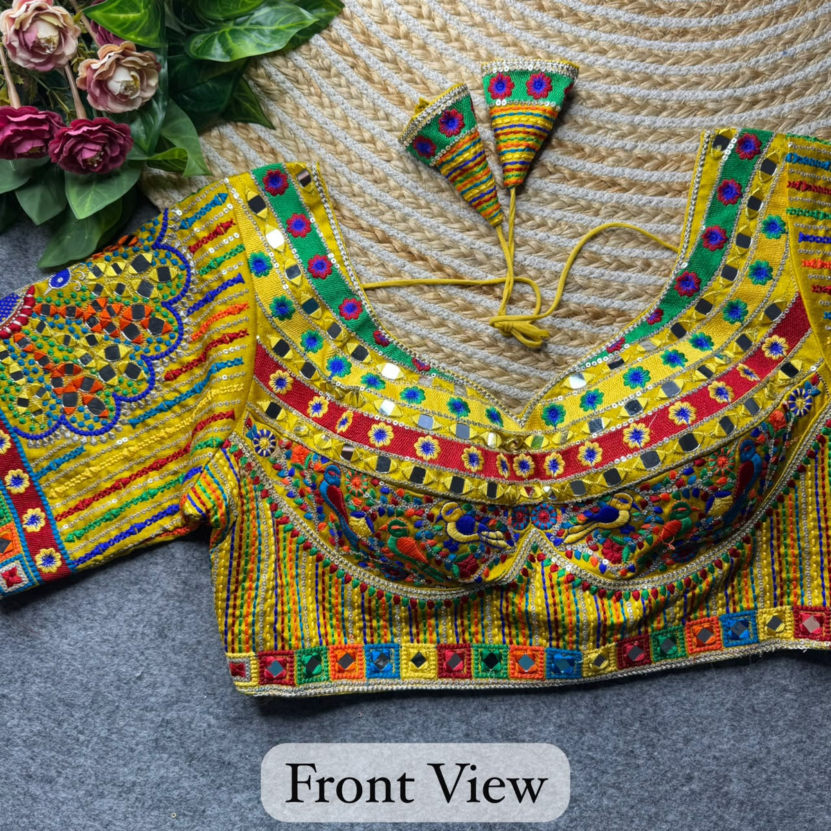Yellow Pure Heavy Italian Silk Heavy Thread + Real Mirror Work Navratri Blouse