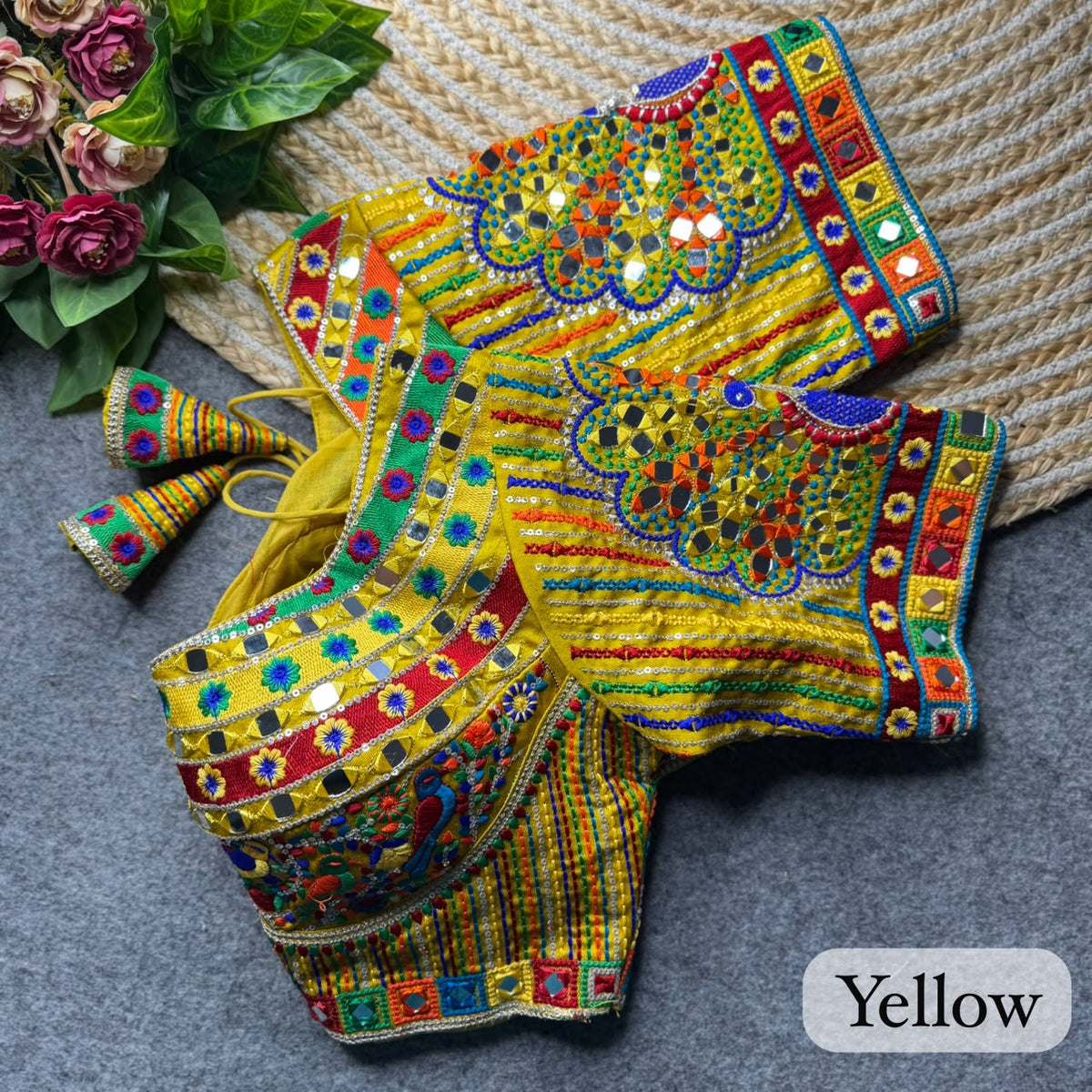 Yellow Pure Heavy Italian Silk Heavy Thread + Real Mirror Work Navratri Blouse