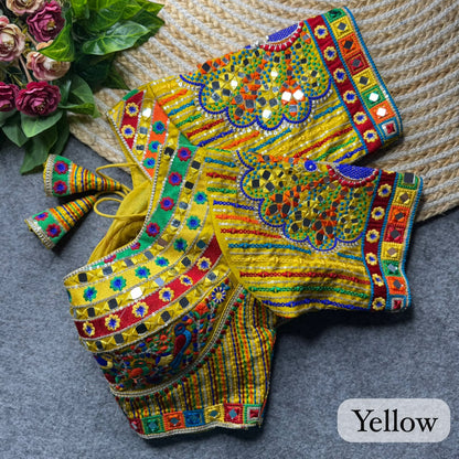 Yellow Pure Heavy Italian Silk Heavy Thread + Real Mirror Work Navratri Blouse