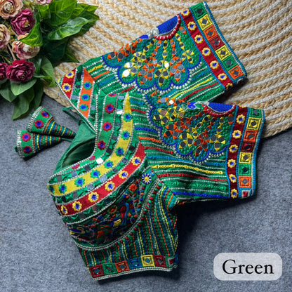 Green Pure Heavy Italian Silk Heavy Thread + Real Mirror Work Navratri Blouse