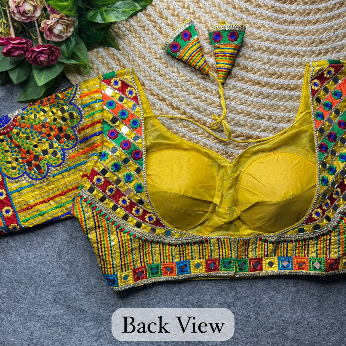 Yellow Pure Heavy Italian Silk Heavy Thread + Real Mirror Work Navratri Blouse