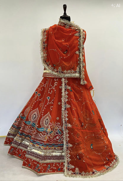 Rust Pure Georgette 08 Mtr Flair Jaru Multi Work Rajasthani Rajwadi Rajputi Lehenga Choli