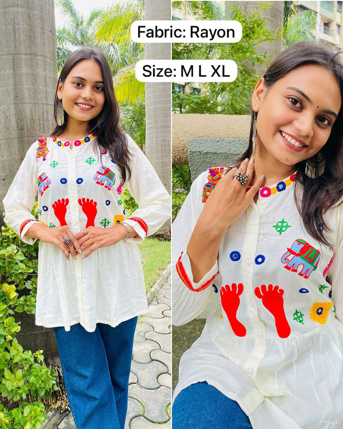 Cream Pure Rayon Cotton  Embroidery Work Navratri Top
