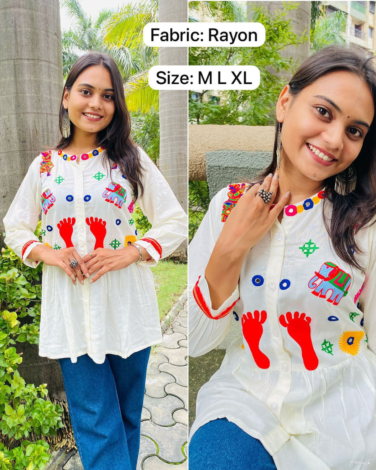 Cream Pure Rayon Cotton  Embroidery Work Navratri Top
