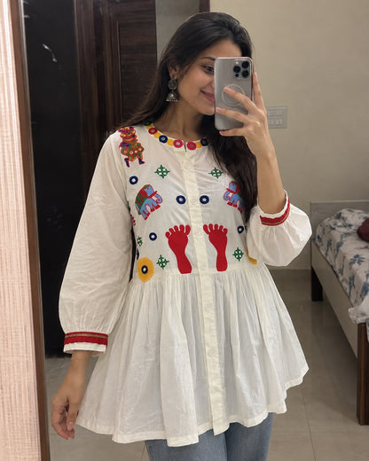 Cream Pure Rayon Cotton  Embroidery Work Navratri Top