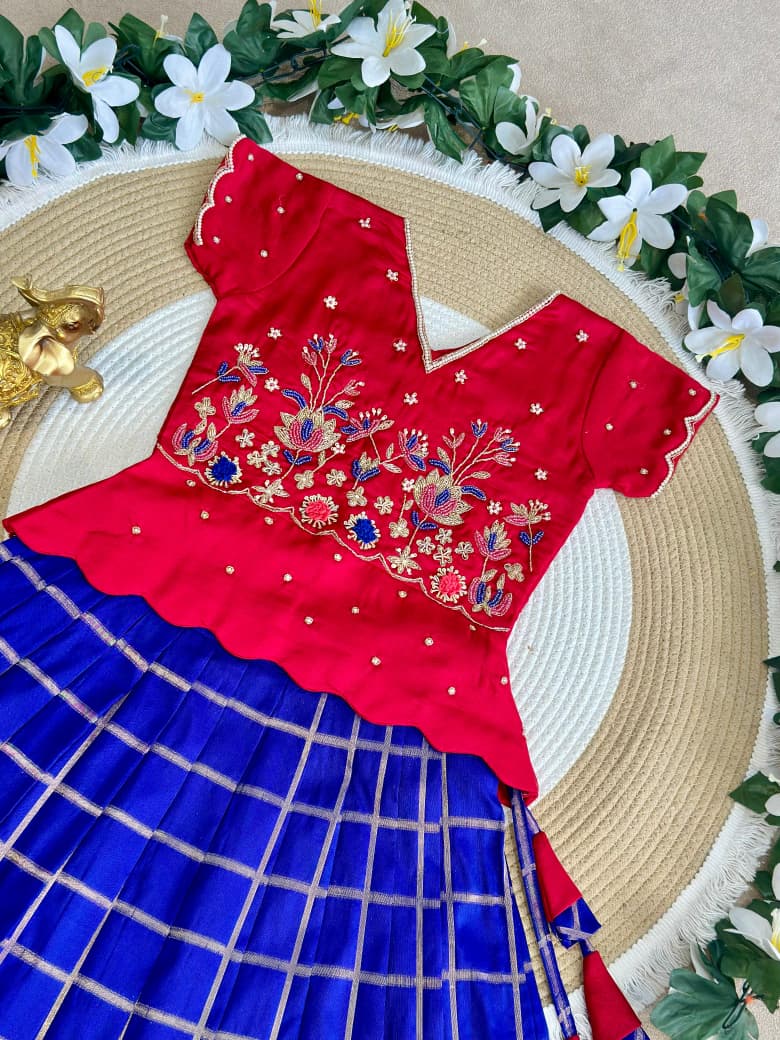 Red &amp; Blue Pure Soft Silk with Zari Weaving Work Kid&