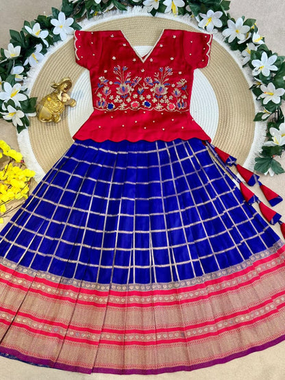 Red &amp; Blue Pure Soft Silk with Zari Weaving Work Kid&