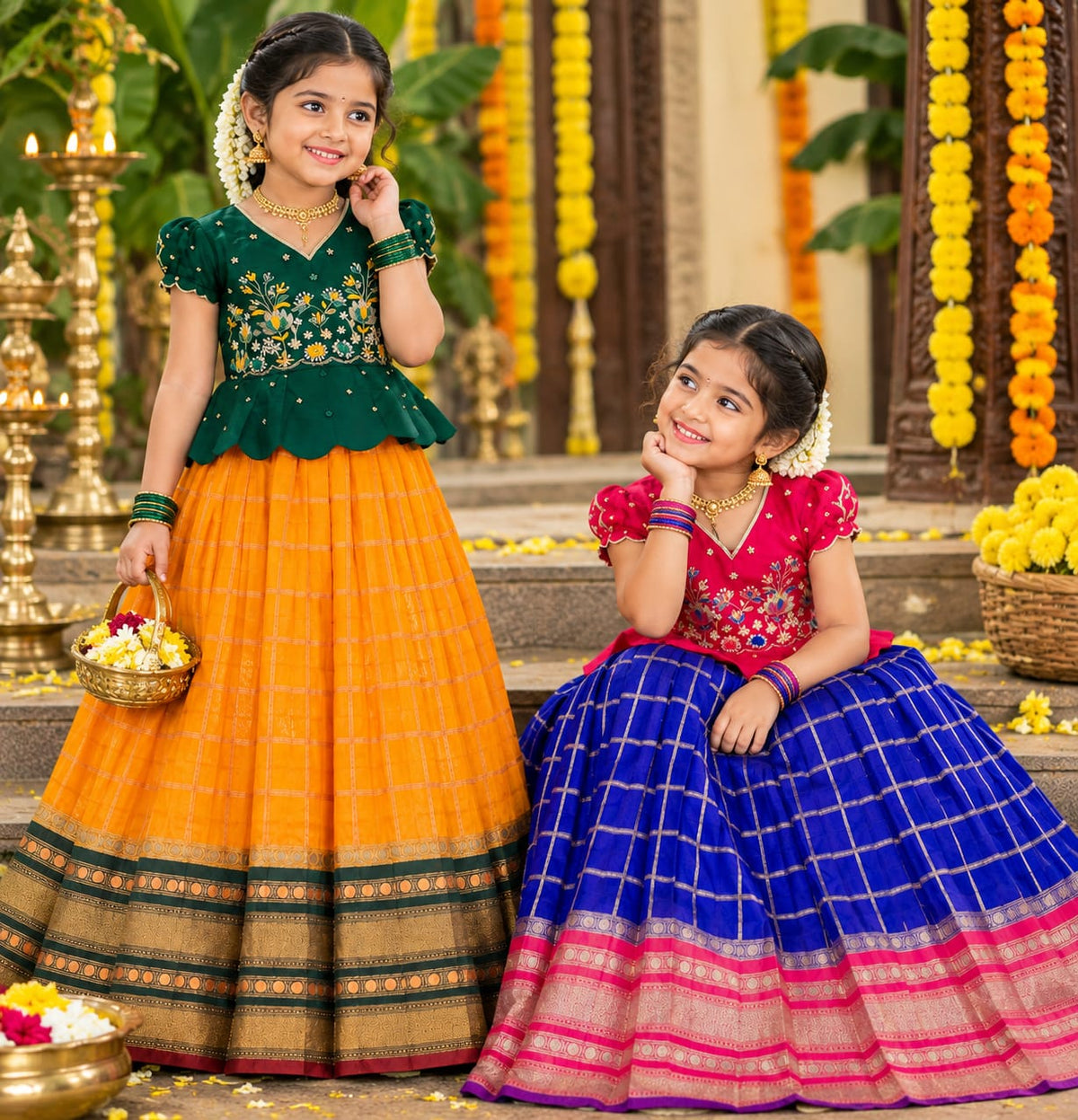 Green &amp; Yellow Pure Soft Silk with Zari Weaving Work Kid&