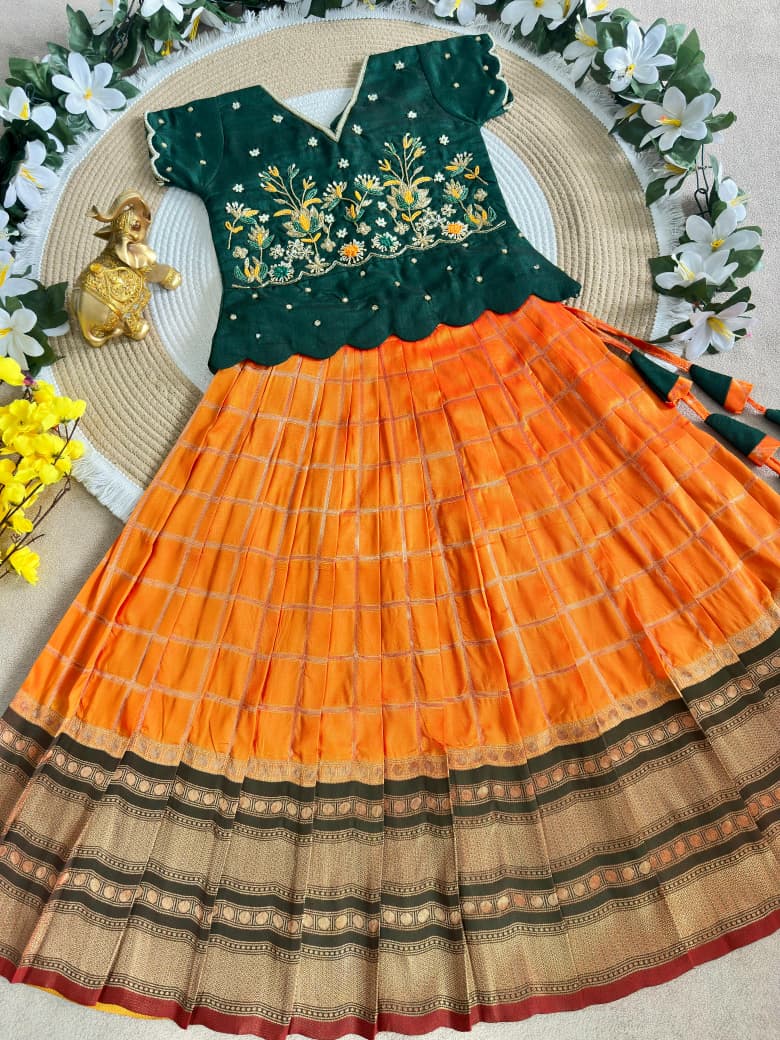 Green &amp; Yellow Pure Soft Silk with Zari Weaving Work Kid&