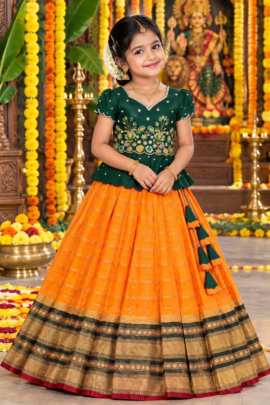 Green &amp; Yellow Pure Soft Silk with Zari Weaving Work Kid&