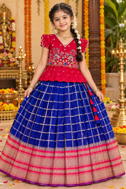 Red &amp; Blue Pure Soft Silk with Zari Weaving Work Kid&