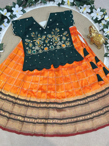 Green &amp; Yellow Pure Soft Silk with Zari Weaving Work Kid&