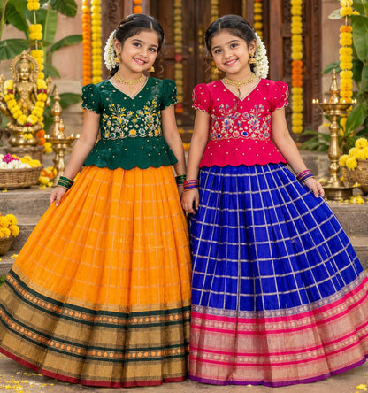 Green &amp; Yellow Pure Soft Silk with Zari Weaving Work Kid&