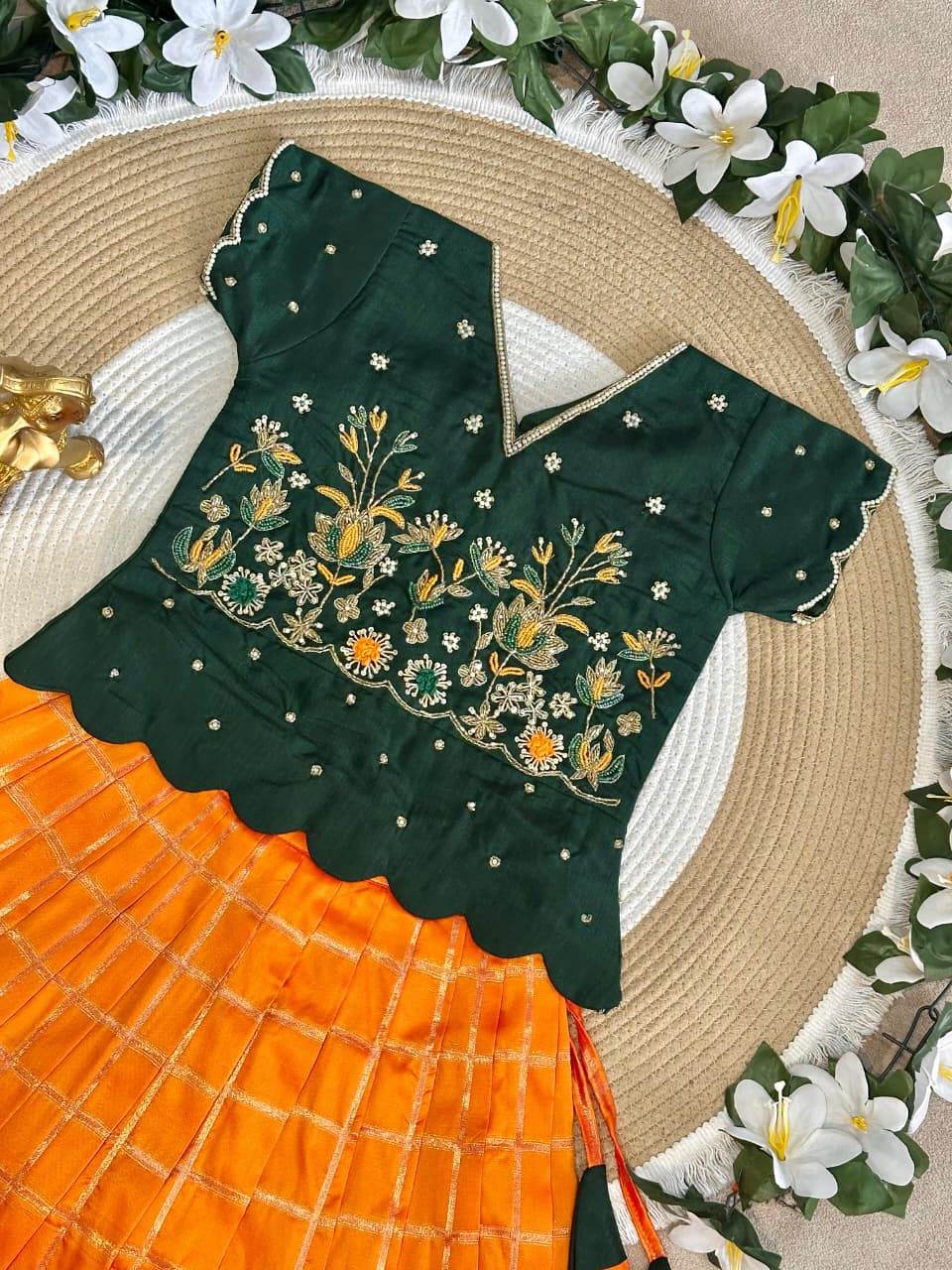 Green &amp; Yellow Pure Soft Silk with Zari Weaving Work Kid&