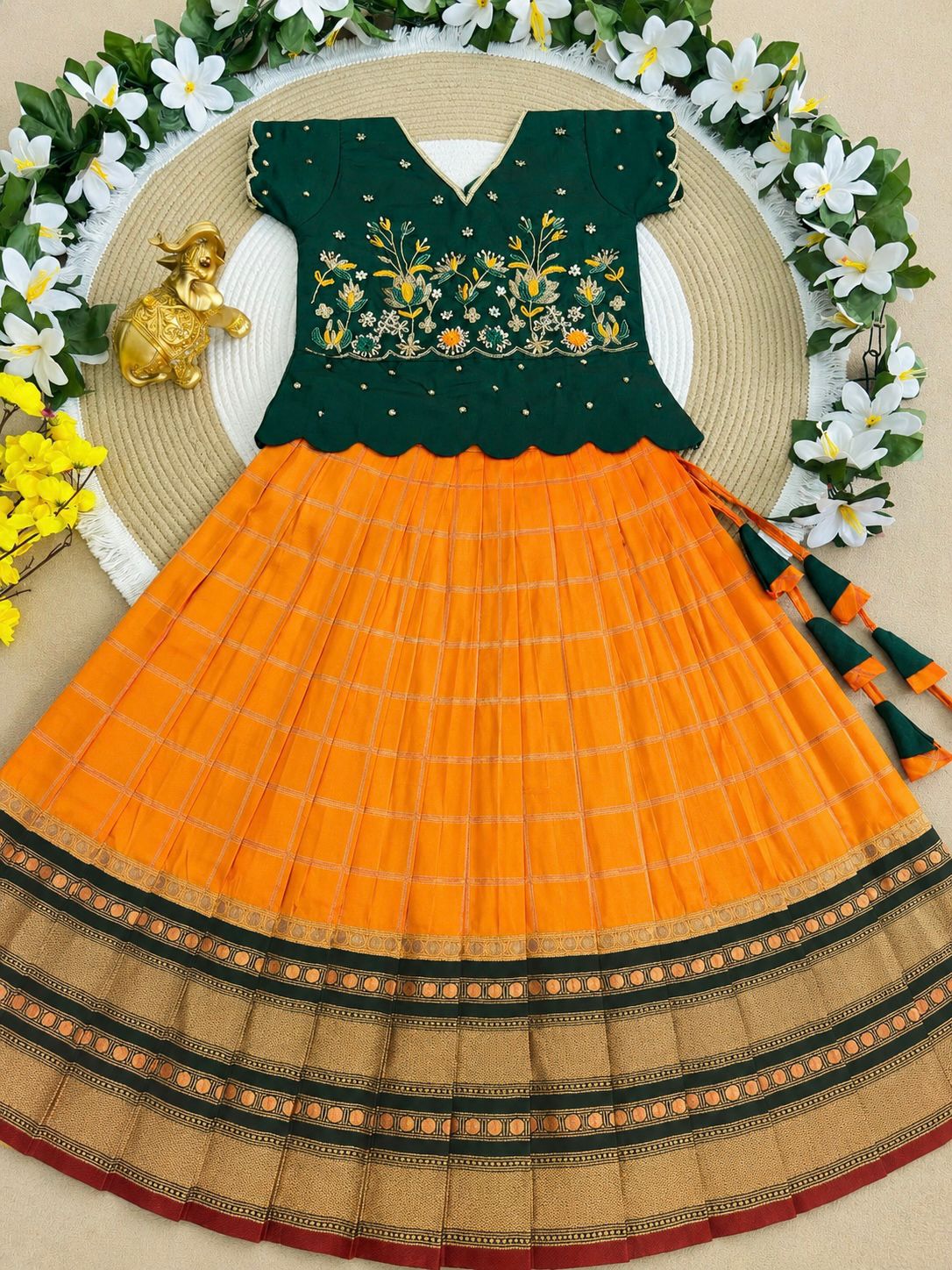 Green &amp; Yellow Pure Soft Silk with Zari Weaving Work Kid&