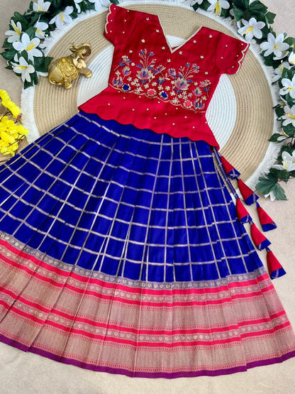 Red &amp; Blue Pure Soft Silk with Zari Weaving Work Kid&